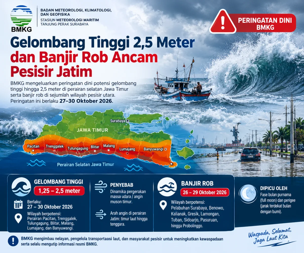 Gelombang Laut Selatan Jatim Capai 2,5 Meter, Pesisir Surabaya Raya hingga Probolinggo Terancam Rob